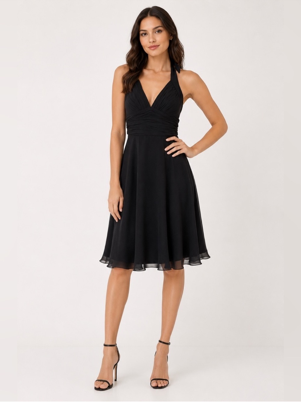 White House Black Market 100% Silk Halter Dress Black Cocktail Midi Size 2